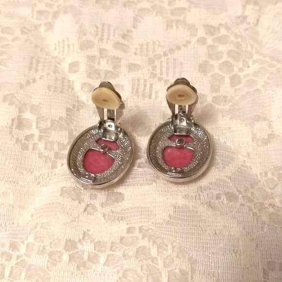 Vintage Genuine Pink Coral Clear Cubic Zirconia Silver Tone Oval Clip Earrings - Picture 8 of 8